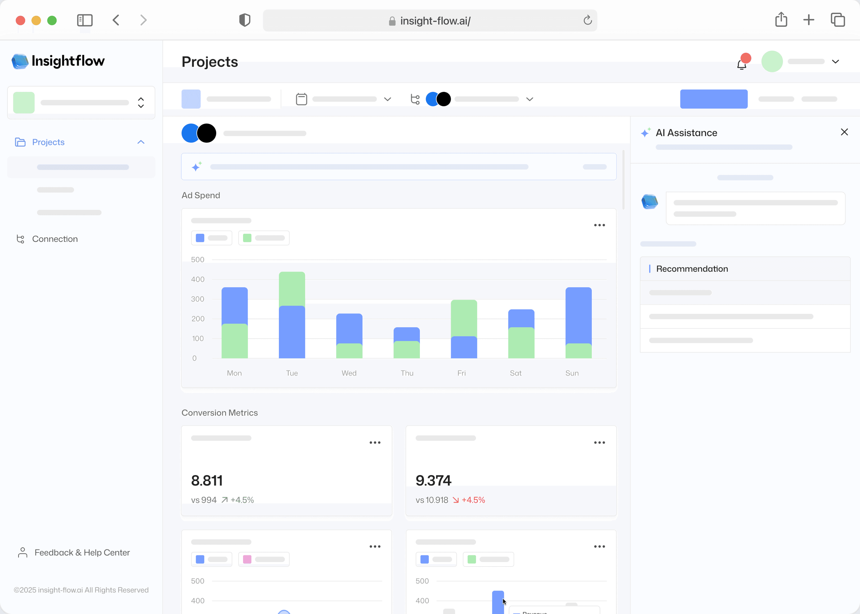 Browser content showing Insight Flow analytics dashboard